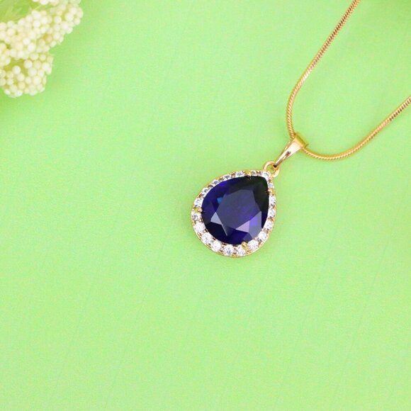 "Teardrop Deep Blue Pendant with Crystal Halo in Rose Gold Finish, XPPT1617 - Picture 12 of 13